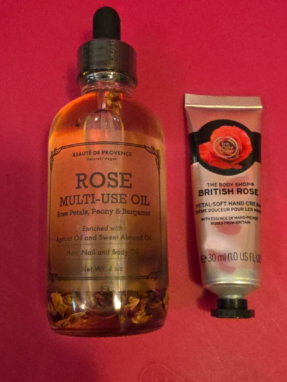 Vegan Rose Oil & The Body Shop British Rose Hand Cream Tube Bundle